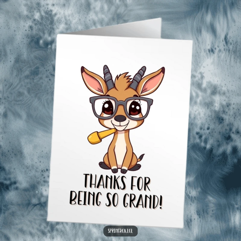 Funny Free Printable Thank You Card: A springbok sporting oversized glasses, peering at an amusing object, perfect for quirky thanks.