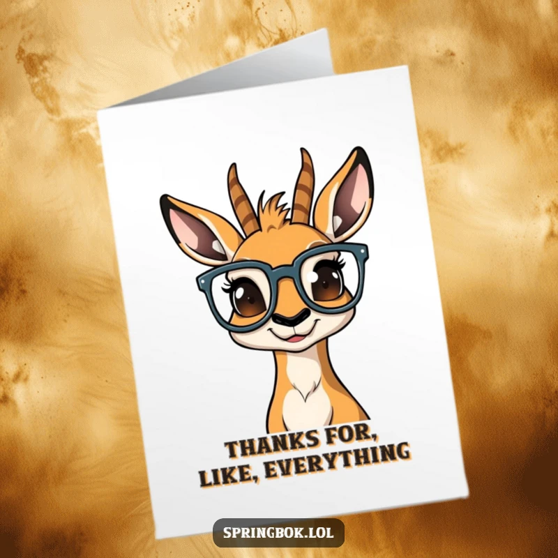 Funny Free Printable Thank You Card: Springbok in big glasses, confused look. A charming downloadable appreciation card.