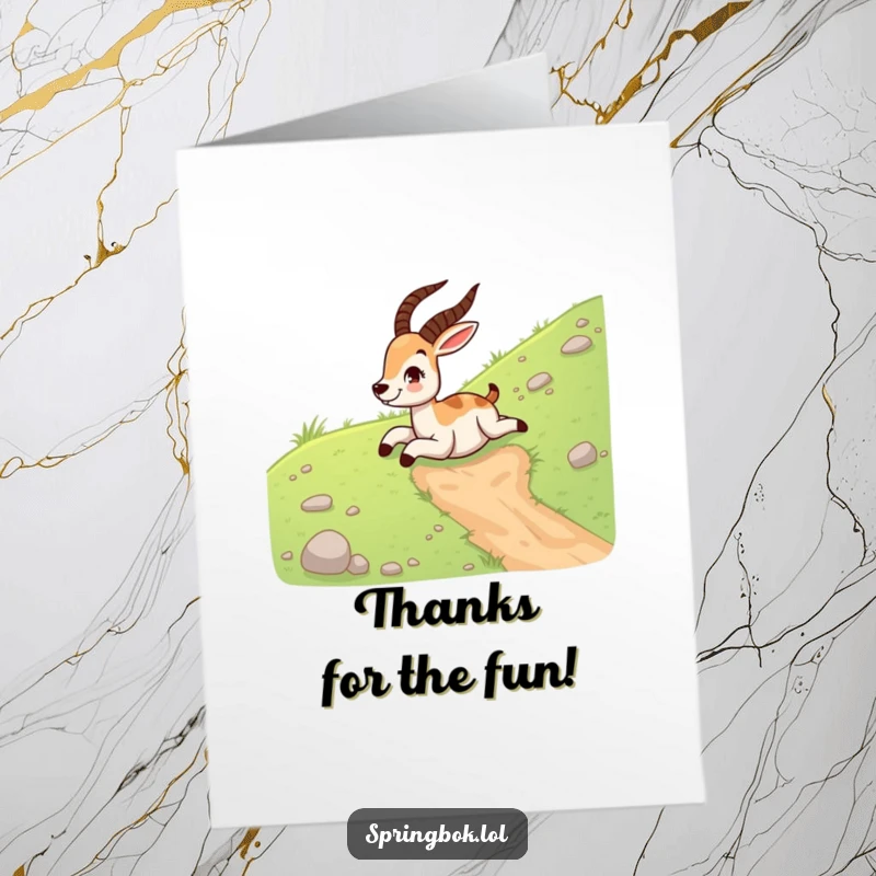 Funny Free Printable Thank You Card: Springbok sliding down a grassy hill with a contagious giggle. A thank you with joy.
