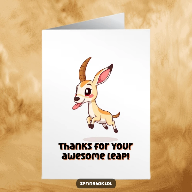 Funny Free Printable Thank You Card: A springbok captured mid-leap with its tongue sticking out, conveying energetic and playful gratitude.