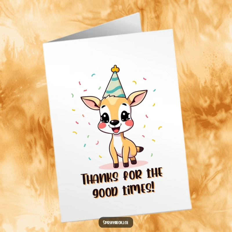 Funny Free Printable Thank You Card: A happy springbok in a party hat tossing confetti, expressing thanks.