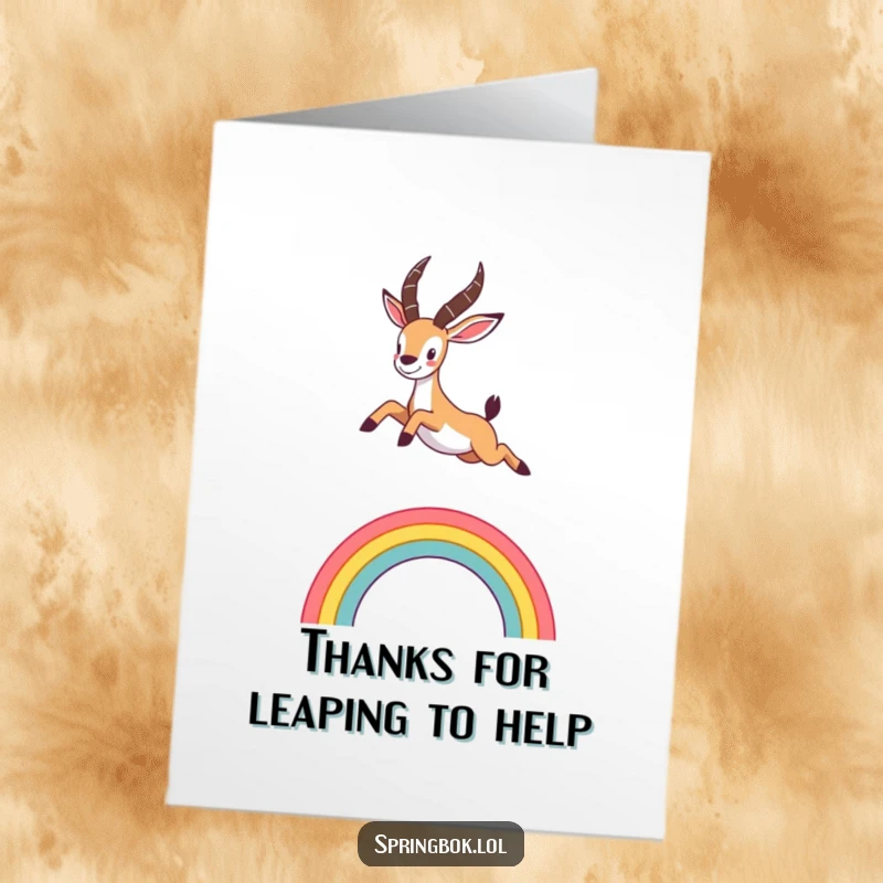 Cute Free Printable Thank You Card: A springbok gracefully leaping over a rainbow, conveying heartfelt thanks with playful elegance.