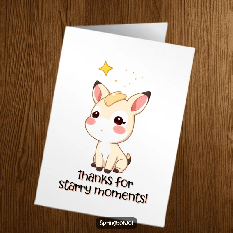 Funny Free Printable Thank You Card: A springbok with rosy cheeks looking up at a sky full of shimmering stars.
