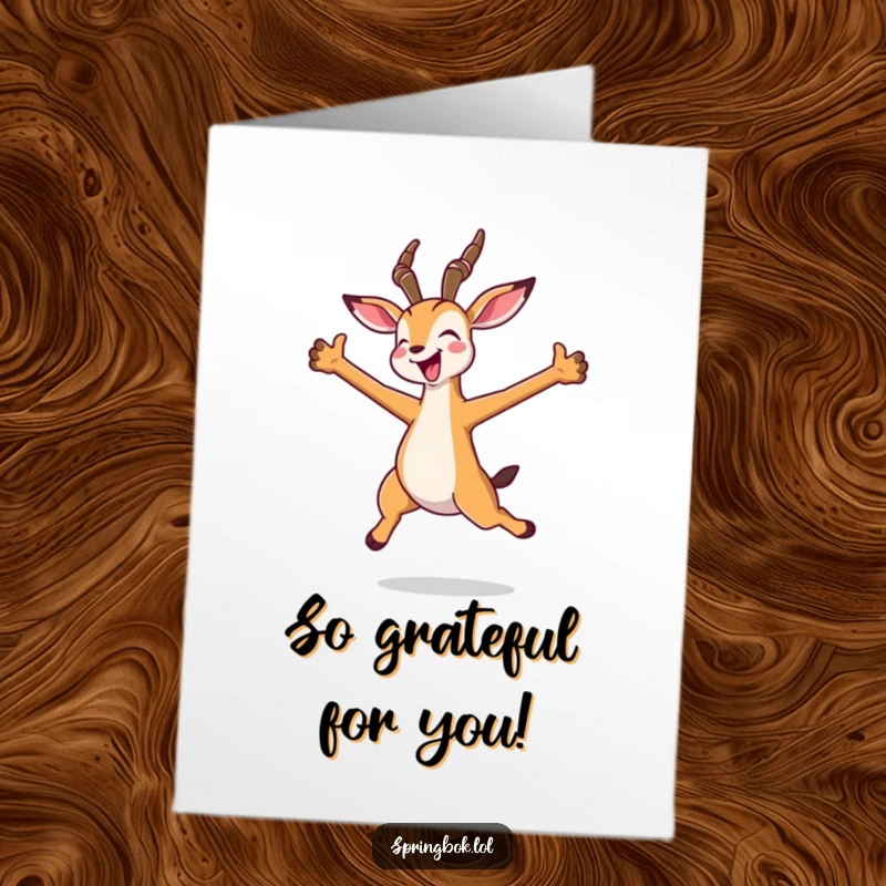 Funny Free Printable Kawaii Springbok Thank You Card in a joyful jump, conveying gratitude with adorable energy.