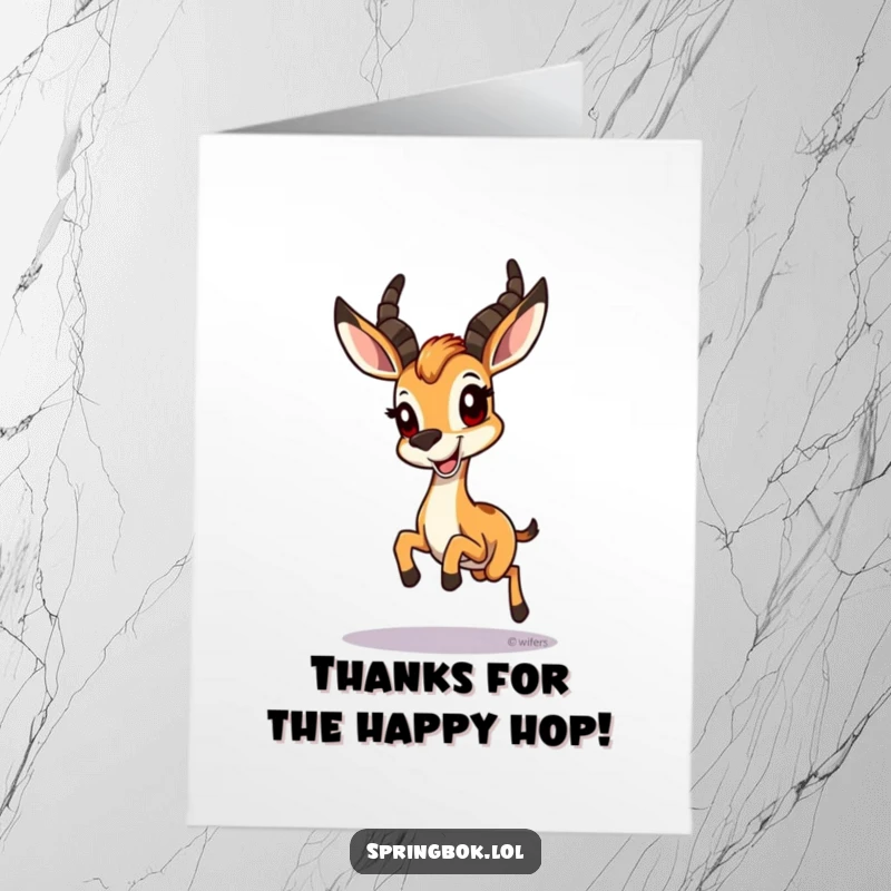Funny Free Printable Thank You Card: A springbok does a happy little hop with a wide, thankful grin.