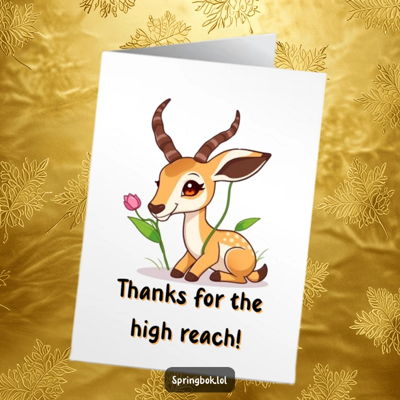 Funny Free Printable Thank You Card: A springbok stretches its neck to reach a tasty leaf, expressing thanks.