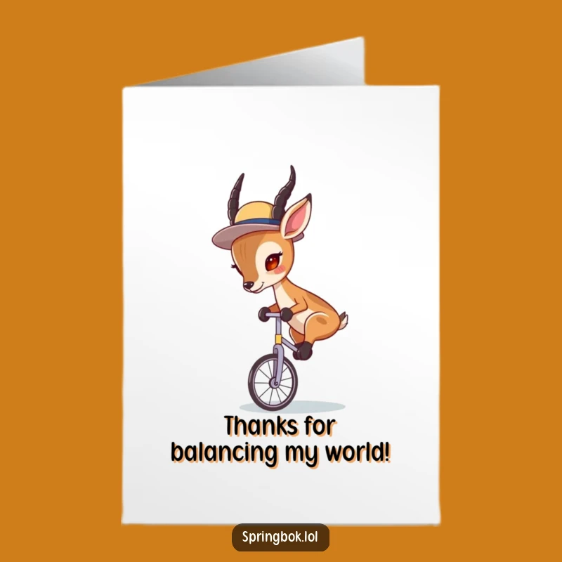 Free Printable Thank You Card: Focused Springbok Unicyclist for a Humorous Downloadable Gift!
