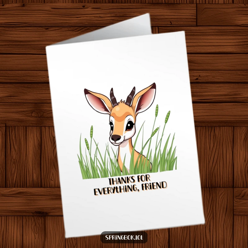Funny Free Printable Thank You Card: Springbok peeking shyly from tall grass, a cute and amusing way to say thanks. Downloadable card.