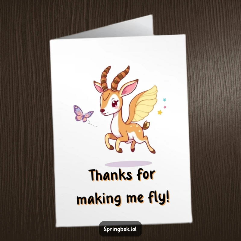Funny Free Printable Thank You Card of a springbok with wings playfully chasing a beautifully shimmering butterfly.