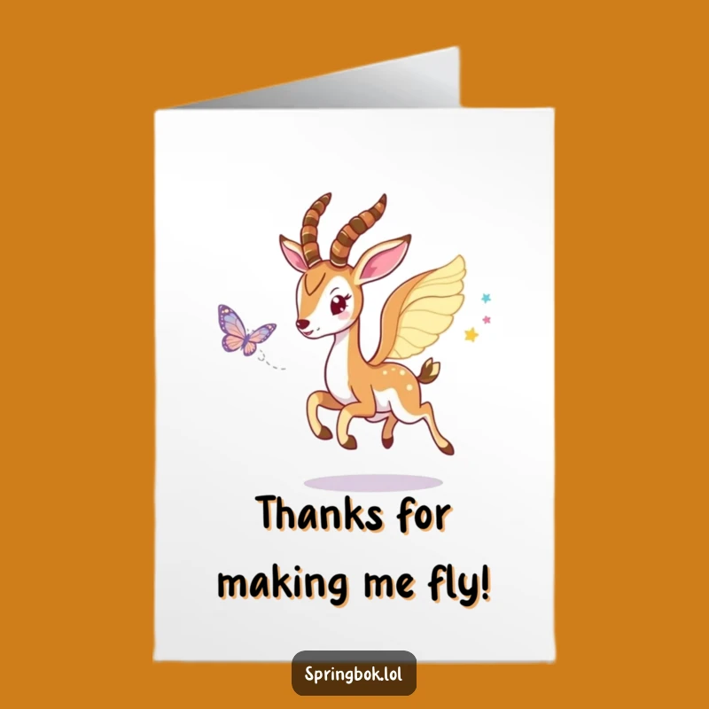 Free Printable Thank You Card: Winged Springbok Butterfly Chase for a Humorous Downloadable Gift!