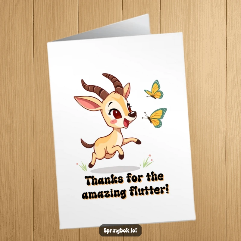 Funny Free Printable Thank You Card: A springbok joyfully pursuing a butterfly, a whimsical way to say thanks, DIY gift.