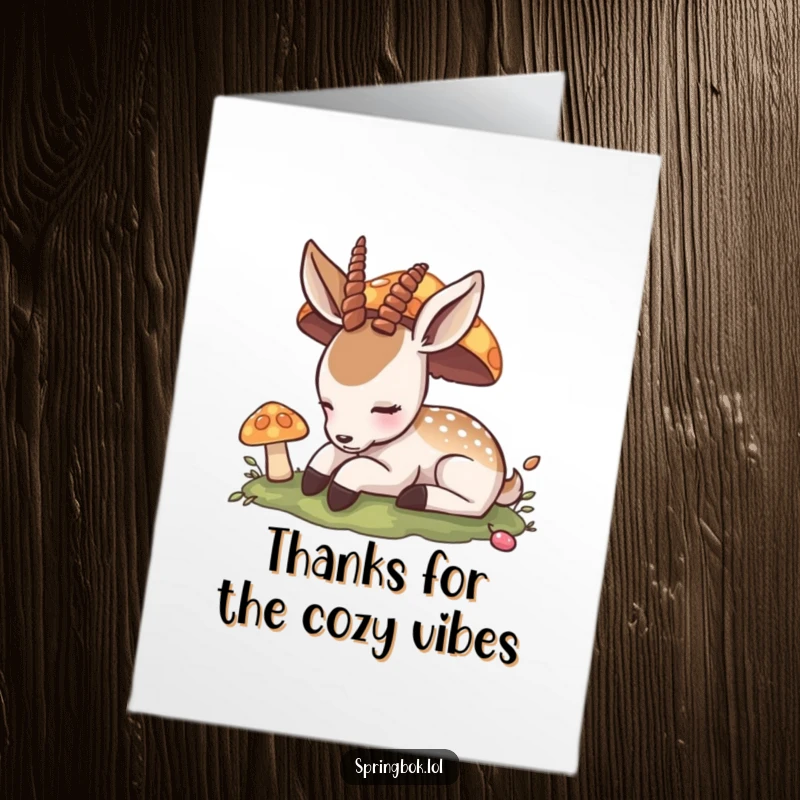 Funny Free Printable Thank You Card: Content antelope naps under a colorful mushroom, a peaceful thank you.
