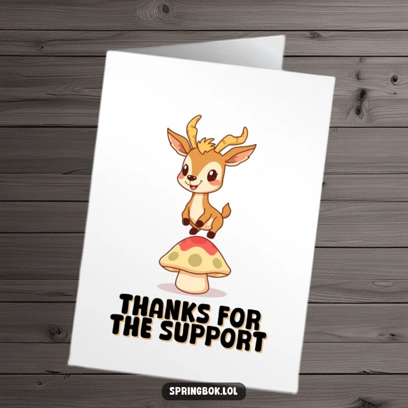 Funny Free Printable Thank You Card: A springbok with a goofy grin bounces playfully on a mushroom cap.
