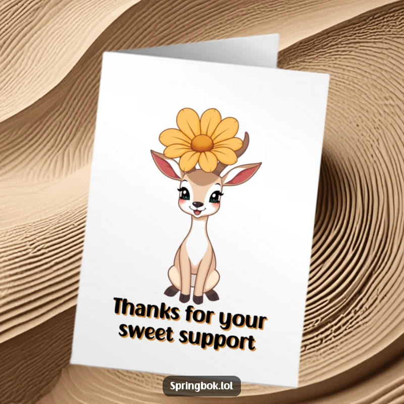 Funny Free Printable Thank You Card: A happy antelope balances a big flower on its head, a sweet and funny way to say thanks.