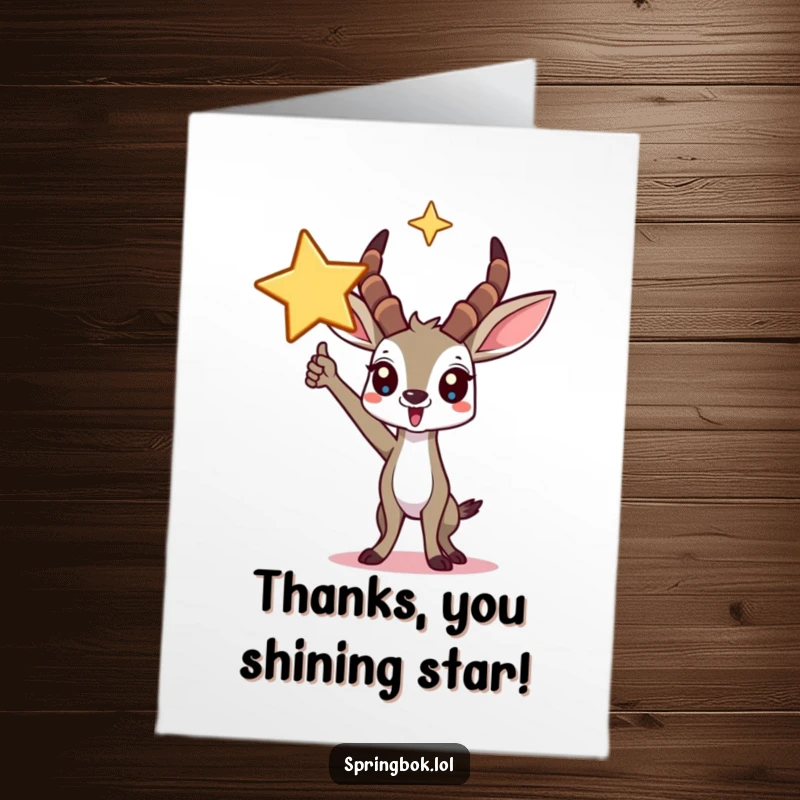 Funny free printable thank you card featuring a triumphant springbok character holding a pose with a radiant star above.