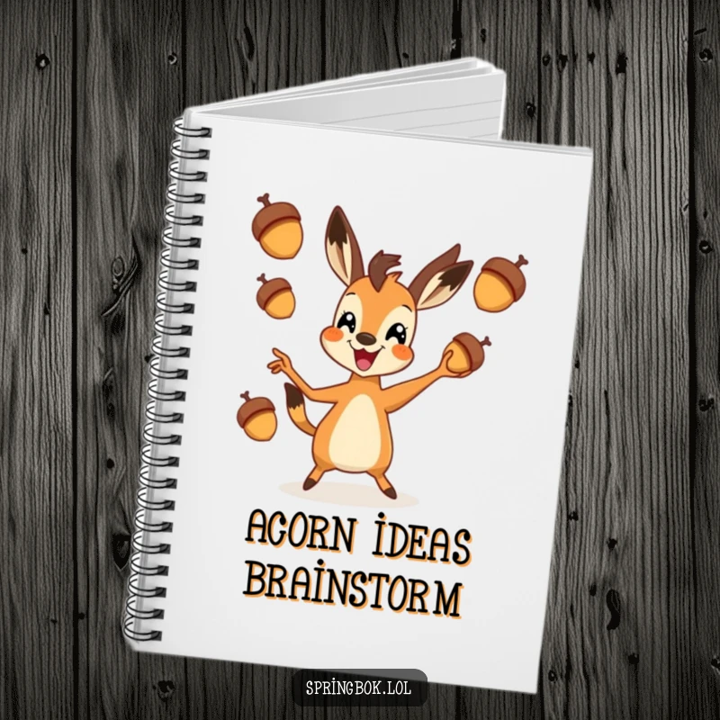 Funny springbok notebook showcasing a springbok in the process of juggling three small acorns, inspiring creative and amusing entries.