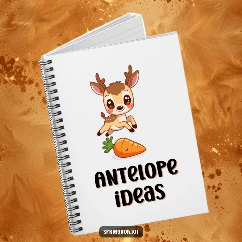 Funny notebook cover with a round antelope with friendly eyes leaping over a tiny carrot, ideal for notes and cheerful doodles.