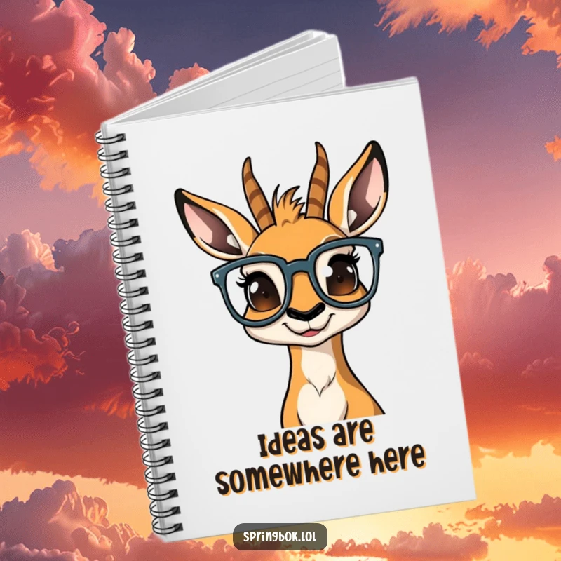 Funny springbok wearing oversized glasses, looking bewildered, on the cover of a notebook for jotting thoughts.