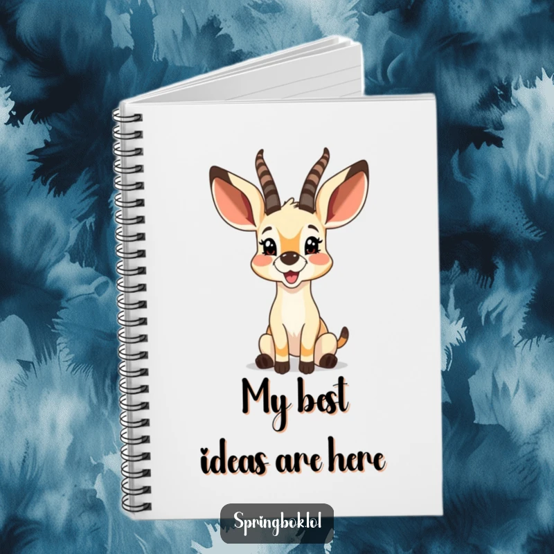 Funny springbok with big, bouncy ears twitching with glee, on the cover of a joyful notebook.