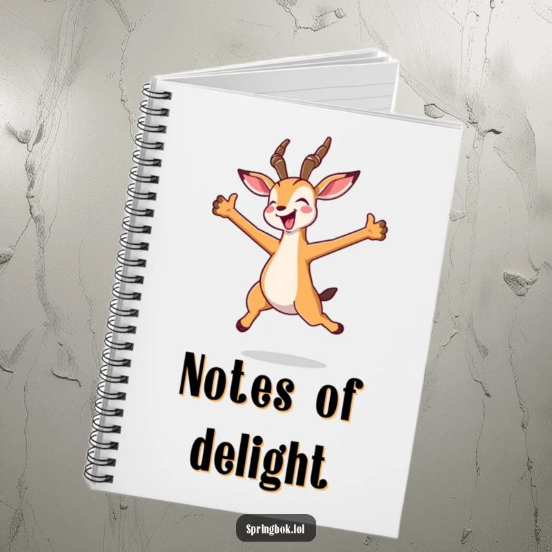 Funny kawaii springbok notebook showing a joyful jump with arms spread wide, perfect for jotting down inspired thoughts.