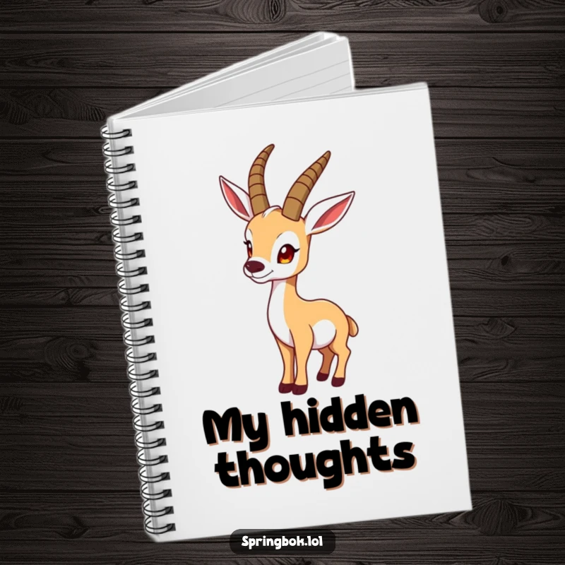 Funny springbok notebook displays a springbok looking over its shoulder in a funny pose, perfect for jotting down curious notes.