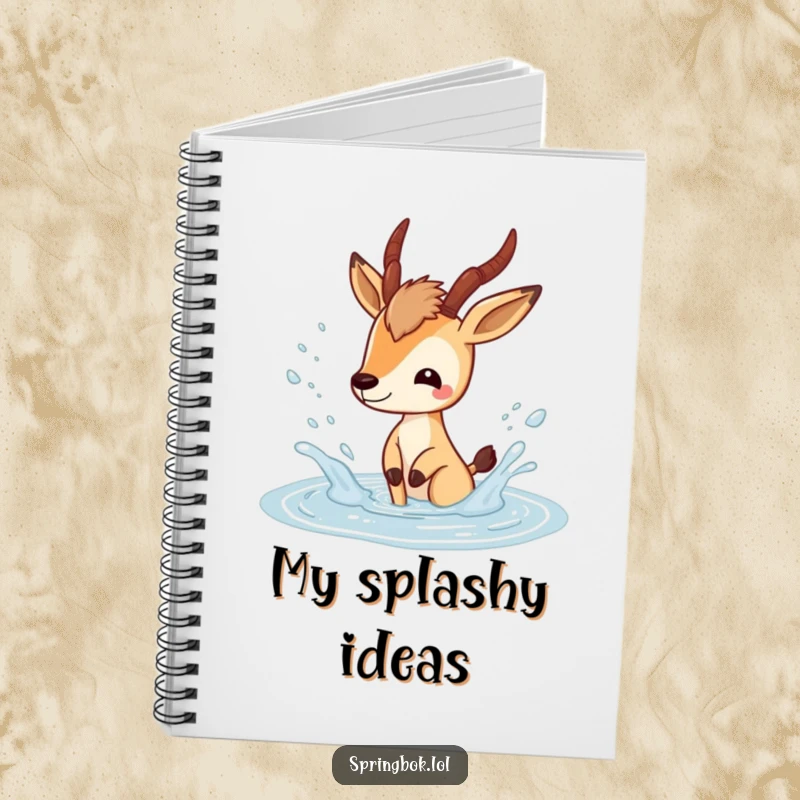 Funny springbok notebook featuring a playful springbok character splashing happily in a puddle, ideal for jotting notes.