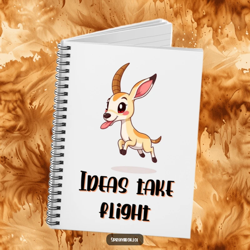 Funny springbok mid-jump with tongue out, printed on a notebook to inspire energetic thoughts and notes.