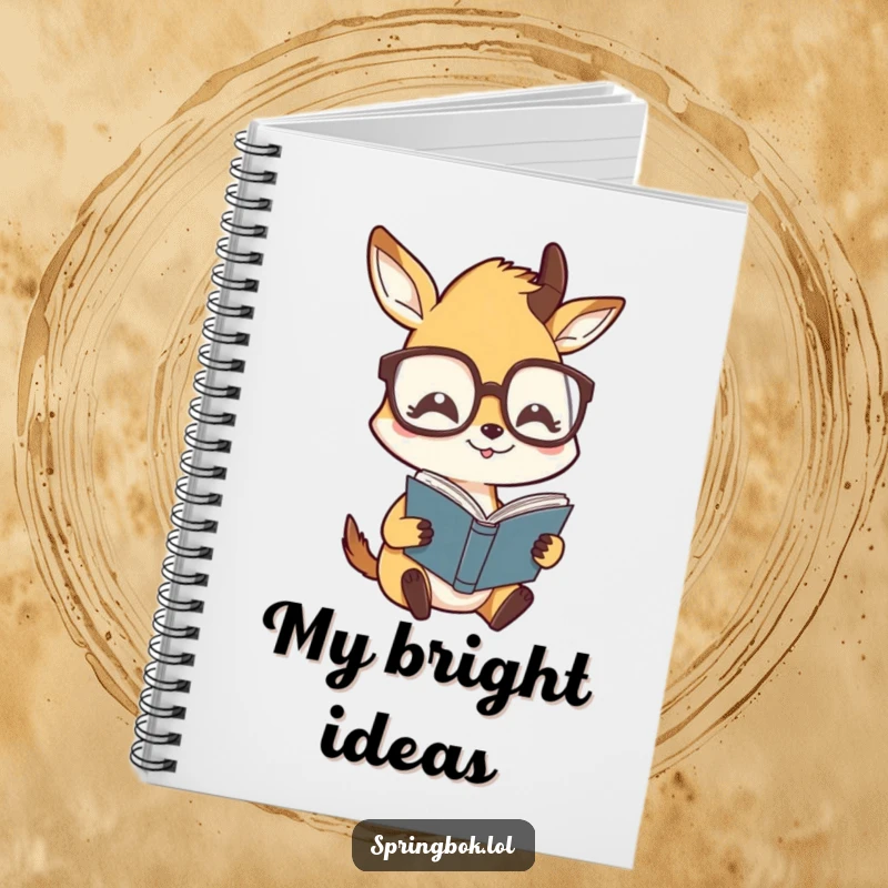 Funny notebook with a springbok character wearing oversized glasses, humorously reading, great for notes and ideas with wit.