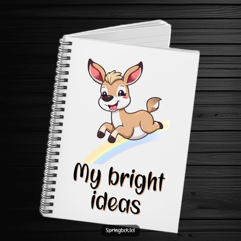 Funny springbok rainbow notebook, sliding down a rainbow with a grin, perfect for notes and funny gifts.