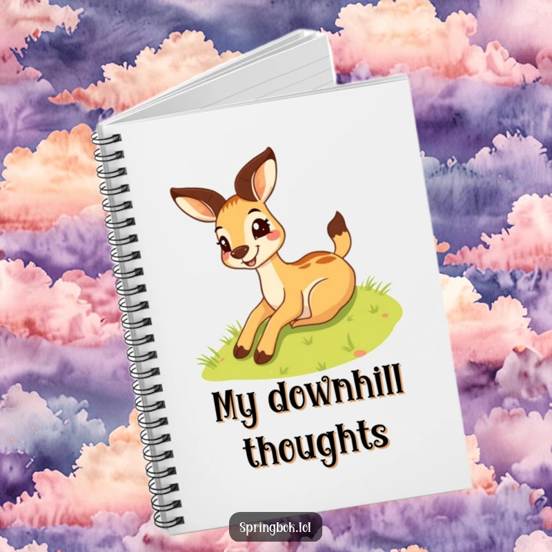 Funny springbok notebook showing a silly springbok with a wide grin sliding down a grassy hill, ideal for jotting notes.