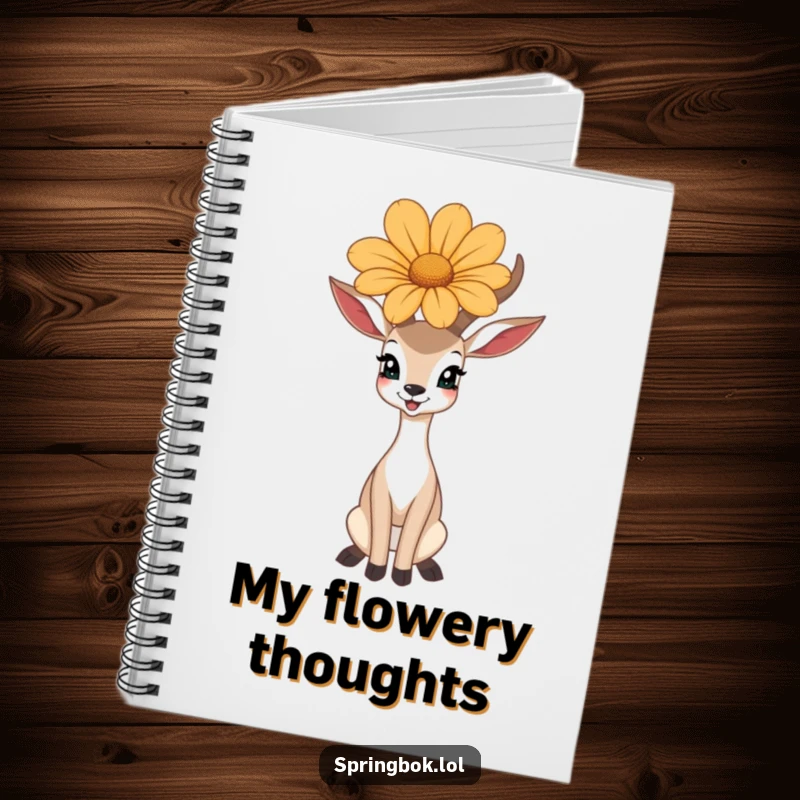 Funny notebook featuring a happy antelope balancing a large flower on its head, ideal for notes.
