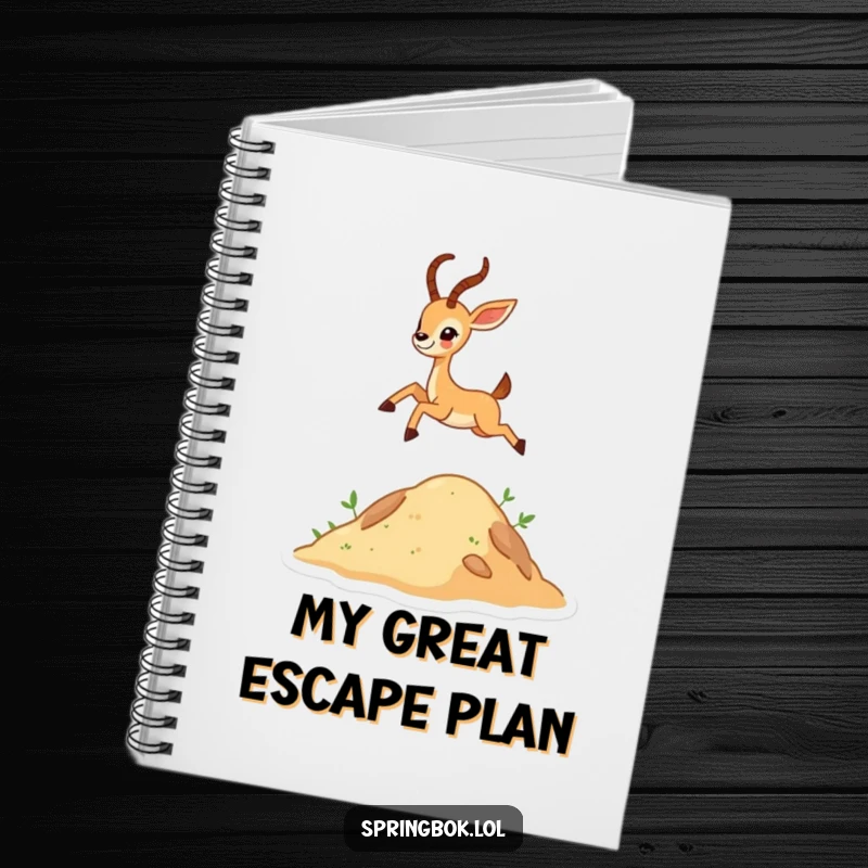 Funny tiny antelope character joyfully leaping over a hill on a notebook cover, ideal for humorous and happy journaling.