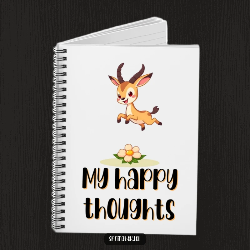Funny notebook cover with a cute springbok character joyfully leaping over a small, smiling flower, ideal for happy notes.