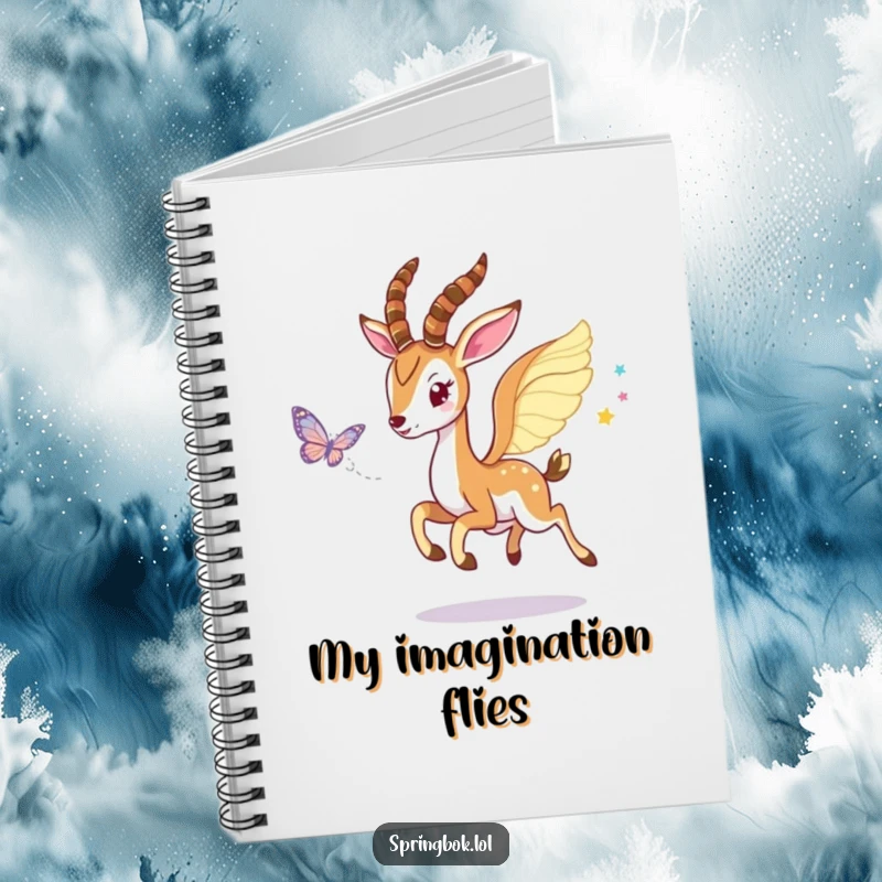Funny Winged Springbok Notebook: Springbok with wings playfully chasing a butterfly, ideal for jotting notes.