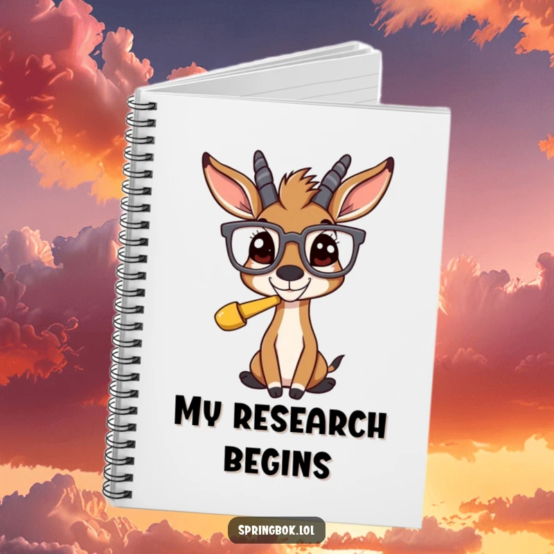 Funny springbok with oversized glasses, observing something humorous, printed on a notebook for creative minds.