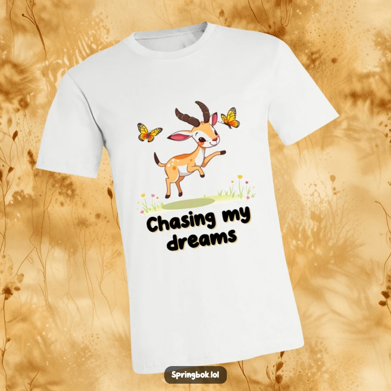 Funny springbok butterfly chase t-shirt, a springbok playfully chasing a butterfly with paws outstretched, outdoorsy and fun.