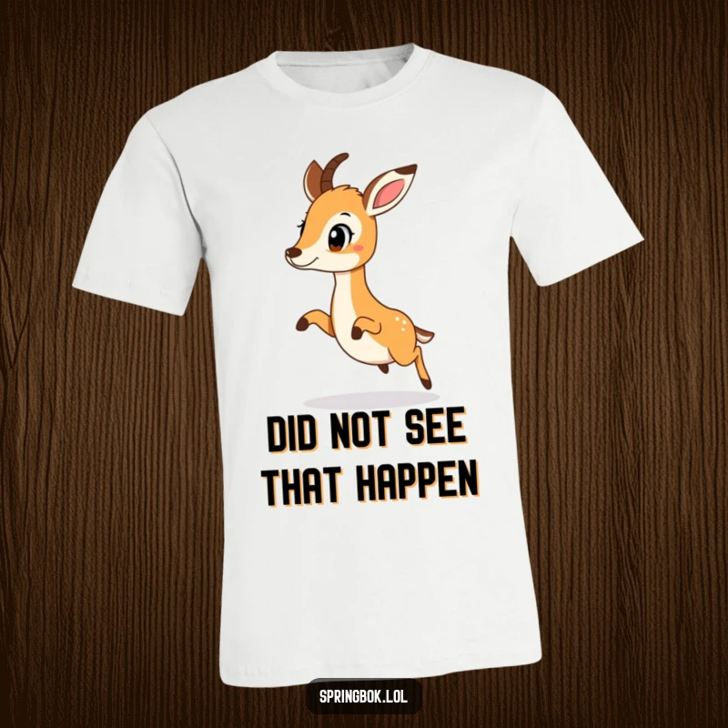 Funny springbok mid-hop, frozen in a moment of surprised delight, on a fun graphic tee.