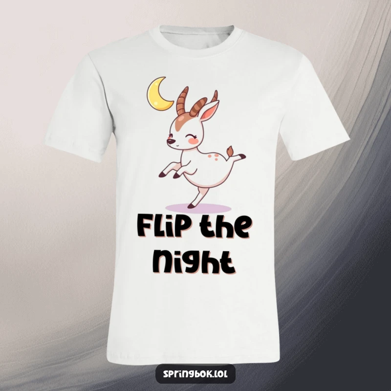 Funny springbok t-shirt featuring a rosy-cheeked character performing a cartwheel under a crescent moon, celebrating nighttime joy.