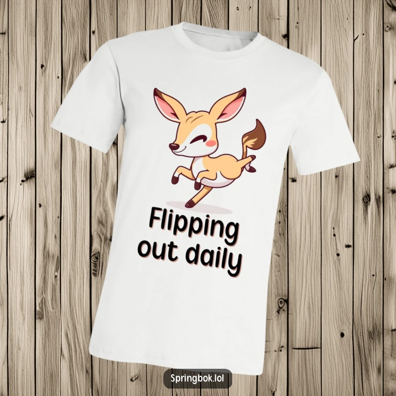 Funny Springbok cartwheel t-shirt, a mischievous springbok winking while doing a cartwheel, perfect for active fun.