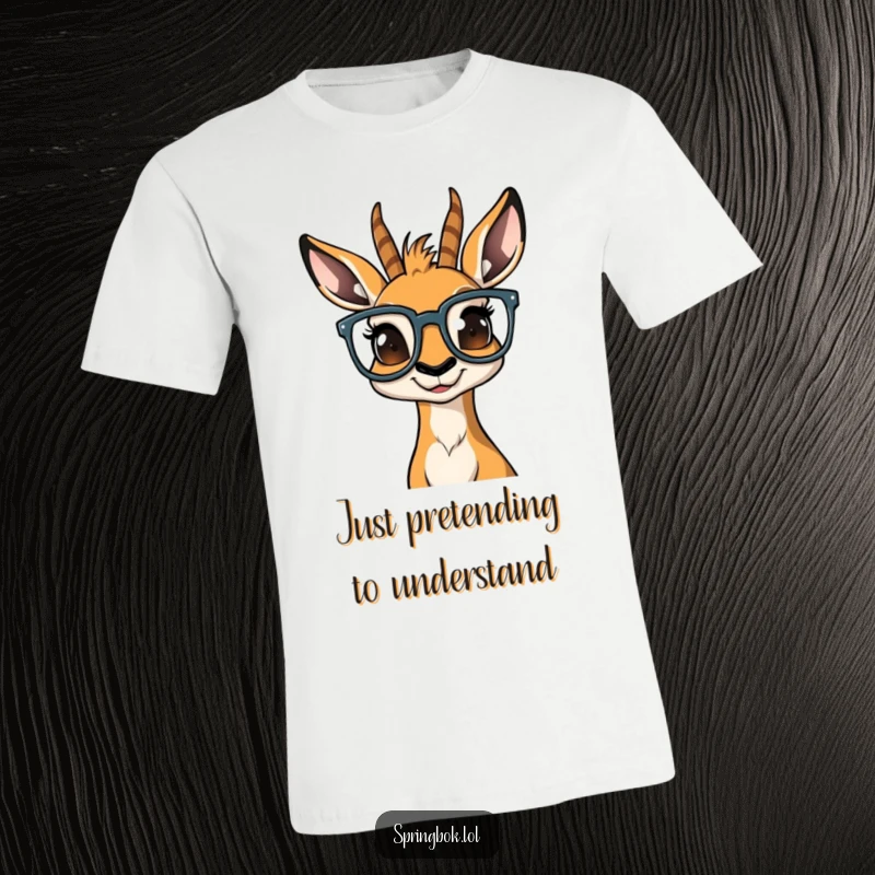 Funny springbok sporting oversized glasses, looking completely bewildered and lost in thought, on a comfortable t-shirt.