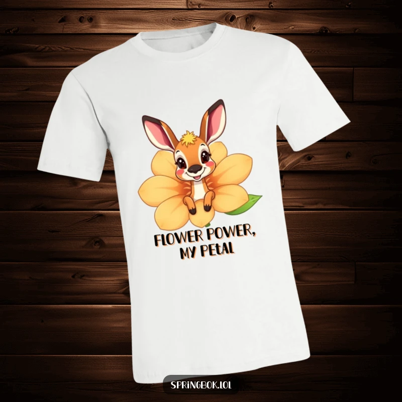 Funny springbok t-shirt peeking playfully from behind a huge, smiling flower, depicting a mischievous character and bright nature.