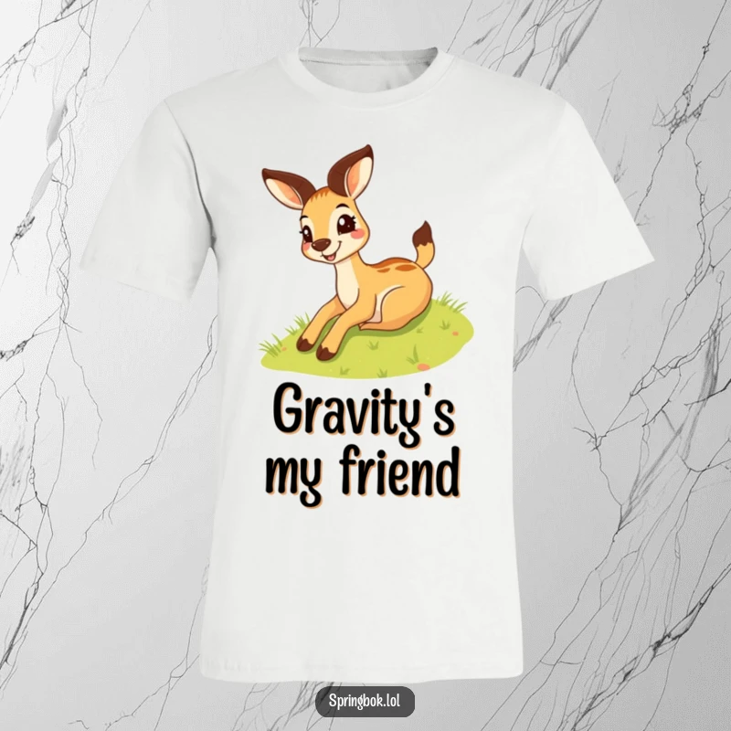 Funny springbok t-shirt with a silly grin sliding down a green grassy hill, depicting a character embracing pure fun.