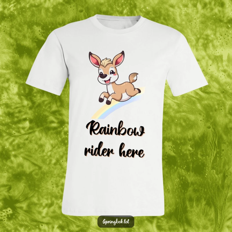 Funny springbok t-shirt sliding down a rainbow with a huge delighted grin, ideal for a funny gift.