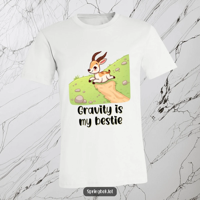 Funny springbok t-shirt showcasing a joyful springbok giggling as it slides down a slippery grassy hill on its belly.
