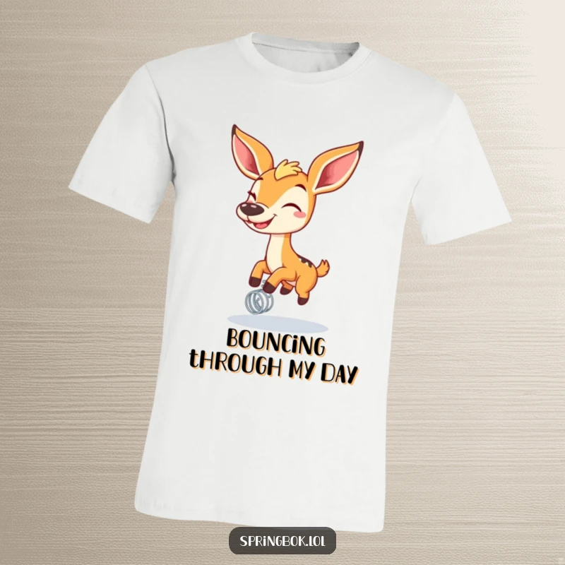 Funny springbok with a wide grin bouncing on a spring, featured on a t-shirt, symbolizing fun and energetic movement.