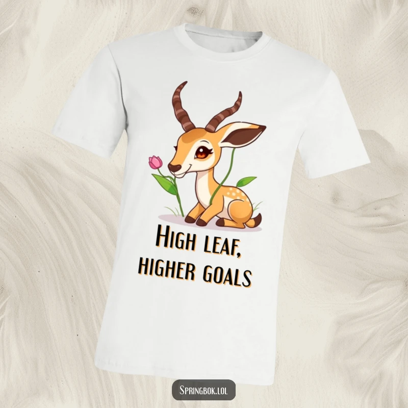 Funny Springbok T-Shirt: A springbok elegantly stretching its neck to nibble a high leaf, a comical depiction of reaching goals.