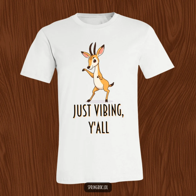 Funny Springbok T-Shirt showcasing a springbok mid-dance, limbs akimbo, capturing pure, unadulterated, hilarious movement.