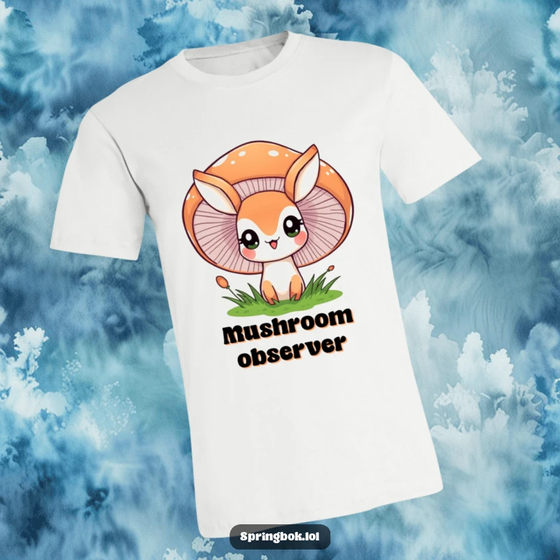 Funny t-shirt featuring a springbok character peeking with wide eyes from behind a large, cheerful mushroom, a playful forest encounter.
