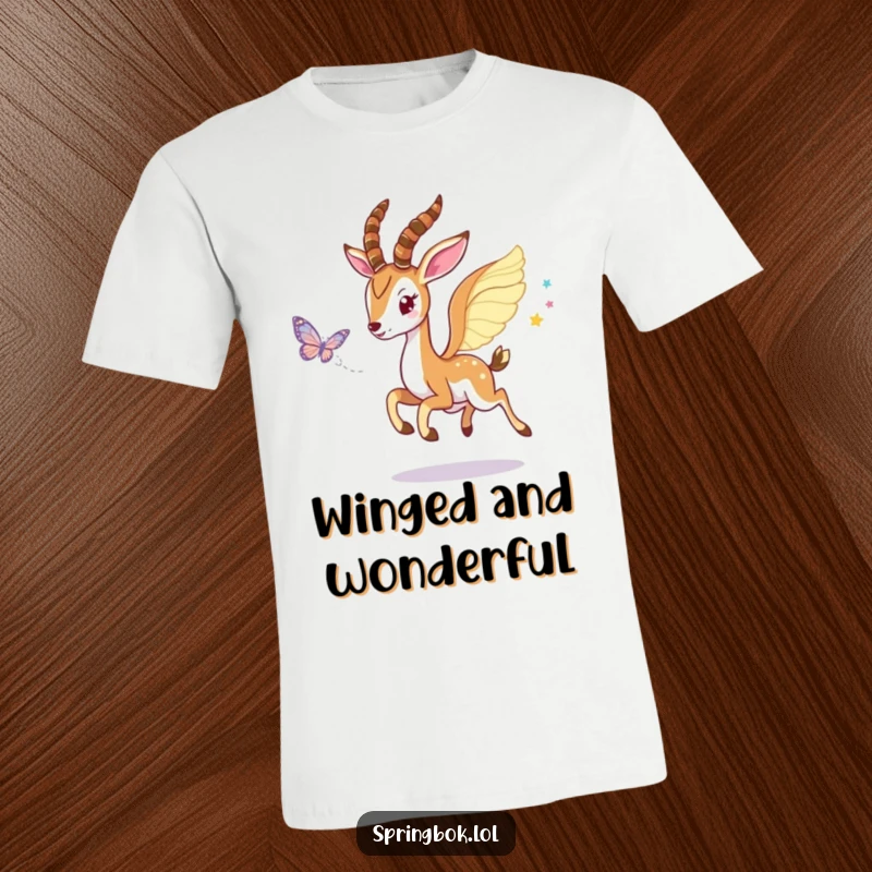 Funny Winged Springbok T-Shirt: A springbok with functional wings playfully pursues a sparkling butterfly.