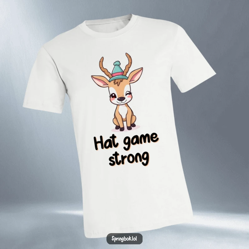 Funny T-Shirt: A jovial antelope sporting a comical hat winks mischievously, embodying a fun-loving and carefree personality.